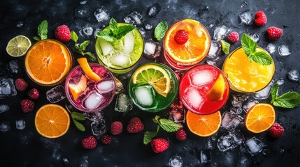Poster - A colorful selection of refreshing fruit juices served in clear glasses, garnished with fresh mint leaves, surrounded by slices of citrus, berries, and tropical fruits