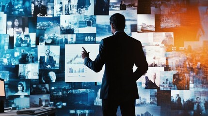 Poster - A dynamic collage of a businessman presenting, attending meetings, and brainstorming with his team, showing his active role in business leadership