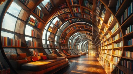 Aufkleber - A library with a curving bookshelf, the shelves stocked with vibrant books that converge in a surreal tunnel-like effect, giving a sense of infinity
