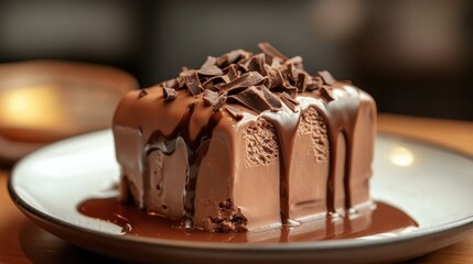 Aufkleber - A melting chocolate ice cream bar on a plate, with chocolate drips oozing down, emphasizing the rich, creamy texture of the treat