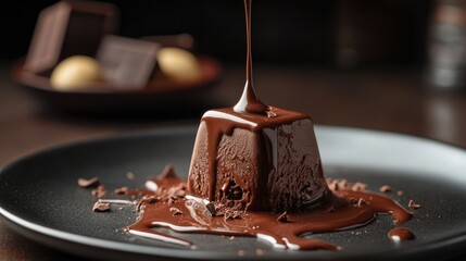 Aufkleber - A melting chocolate ice cream bar on a plate, with chocolate drips oozing down, emphasizing the rich, creamy texture of the treat