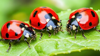 Poster - A macro shot of ladybugs on a soft green leaf in a sunny garden, showing the intricate patterns of their wings