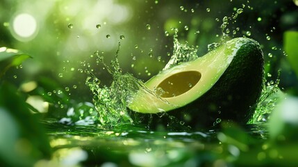 Poster - A ripe avocado splashing into a vibrant green liquid, with droplets flying in all directions, surrounded by lush greenery for a dynamic and fresh visual effect