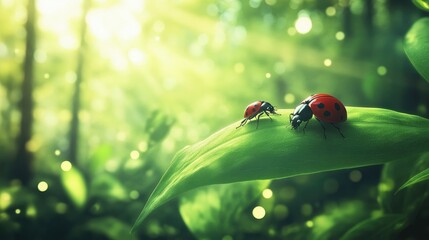 Poster - A serene image of ladybugs resting on a smooth green leaf in the forest, with a soft blurred background of trees and sunlight