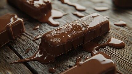 Poster - A set of chocolate ice cream bars on a rustic wooden surface, with a glossy, melting chocolate coating, inviting a sense of indulgence