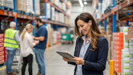 Wall Mural - A female business owner inspecting her warehouse, interacting with employees or clients, and using technology to manage her business operations