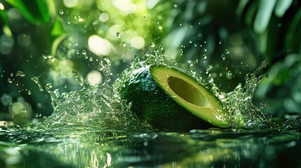 Poster - A vibrant green liquid splashing around a fresh avocado, with water droplets frozen in motion, set against a lush tropical foliage backdrop for a lively and fresh feel