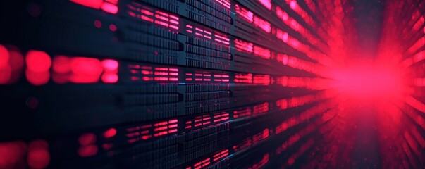 Poster - An abstract digital representation showcasing red light beams amidst a backdrop of binary code and data patterns.