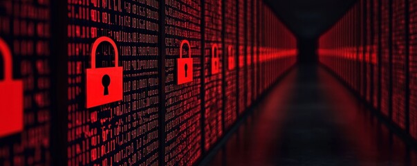 Poster - A futuristic data center featuring red binary code and padlock symbols, emphasizing security and data protection themes.