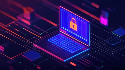 Poster - A futuristic laptop with a lock symbol displayed, surrounded by colorful digital circuitry, symbolizing cybersecurity and data protection.