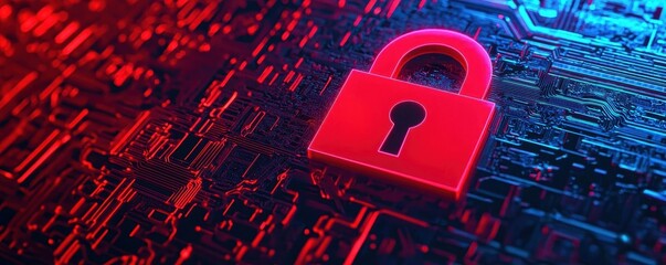 Poster - A digital padlock against a glowing circuit board background, symbolizing cybersecurity and data protection.