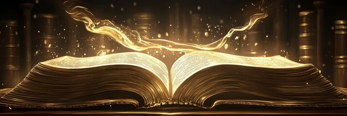 Poster - An open, glowing book emits magical light in a library setting.