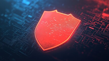 Poster - A glowing red shield symbol on a digital background, representing cybersecurity and protection against threats.