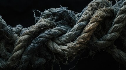 Poster - Detailed view of a frayed, thick rope unraveling against a deep black background, capturing the rugged texture of the fibers