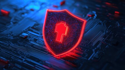 Poster - A glowing red shield icon with a lock symbol, set against a high-tech digital background, representing cybersecurity and protection.
