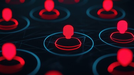Poster - A digital representation of networked connections featuring red icons of individuals, highlighting cyber security and user identities.