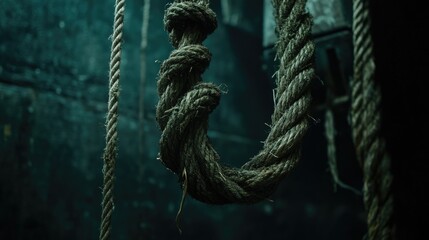 Poster - Frayed thick rope with loose fibers against a dark, moody backdrop, creating a bold and rustic visual contrast