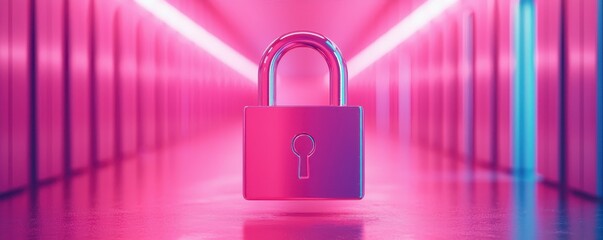 Poster - A glowing pink padlock stands in a futuristic corridor, emphasizing security and protection with vibrant lighting.