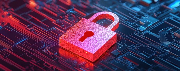 Poster - A glowing padlock over a digital circuit board background, symbolizing cybersecurity and data protection in a vivid, futuristic setting.