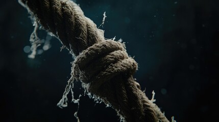 Poster - Macro shot of a frayed, thick rope with loose fibers against a deep, dark background, showcasing the worn texture and tactile details