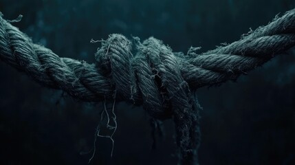 Poster - Macro shot of a frayed, thick rope with loose fibers against a deep, dark background, showcasing the worn texture and tactile details