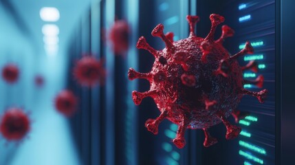 Poster - A close-up view of a 3D virus model amid server racks, blending technology and pandemic themes, highlighting cybersecurity and healthcare discussions.