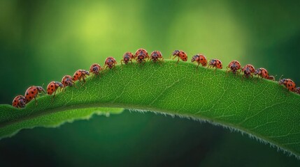 Poster - Multiple ladybugs gathering on a green leaf against a blurred green backdrop, creating a peaceful, nature-filled image