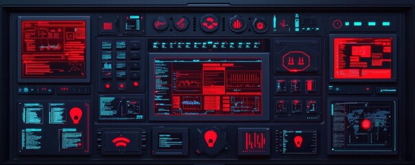 Poster - A futuristic control panel displaying various data readings and indicators in red and blue tones, resembling a high-tech interface.