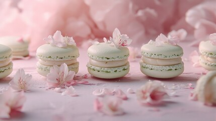 Poster - Soft and romantic floral macarons with a hint of mint placed artfully on a pale pink textured surface, creating a fresh and feminine dessert display