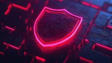 Poster - A glowing shield symbol on a digital background, representing cybersecurity and protection in a high-tech environment.