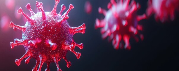 Poster - A close-up view of red virus particles set against a dark background, illustrating their intricate structure and suggesting a focus on infectious diseases.