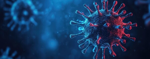Poster - A vibrant 3D illustration of a virus, showcasing intricate details in shades of blue and red against a dark background, emphasizing its microscopic structure.