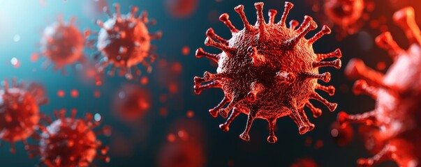 Poster - A vibrant depiction of viruses, highlighting their structure and texture against a blurred background, representing a microbiological theme.