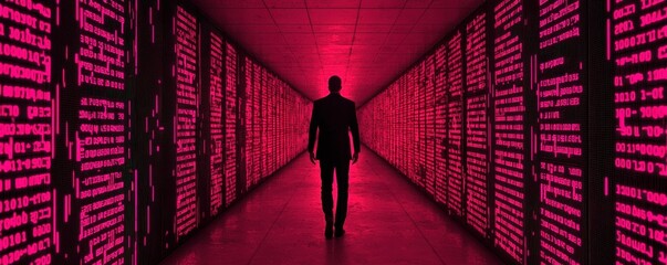 Poster - A dark, moody image featuring a silhouetted figure walking through a corridor lined with glowing pink data servers.