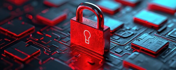 Poster - A digital padlock sits prominently on a circuit board, symbolizing data security and encryption within a high-tech environment.