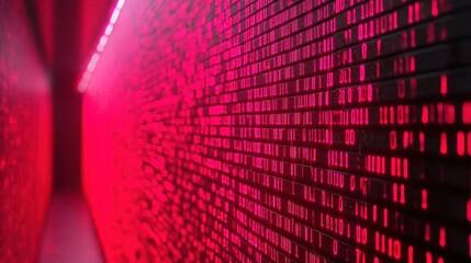 Poster - A vibrant wall of binary code illuminated in red light, creating a modern, digital atmosphere that suggests technology and data.