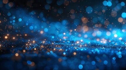 Blue bokeh lights on dark background, shiny glitter, abstract blurry night sky, luxury design, defocused effect