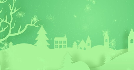 Wall Mural - image of snow falling over winter landscape on green background