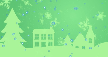 Wall Mural - image of snow falling over winter landscape on green background