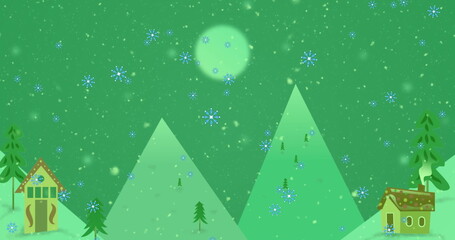 Wall Mural - image of snow falling over winter landscape on green background