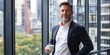 © Pech - A businessman standing confidently in front of a large window with a city skyline view, holding a cup of coffee.