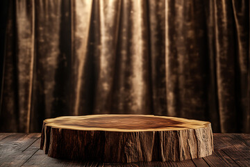 Wall Mural - he product showcase features a wooden podium, rustic tree slice platform, warm brown tones, dramatic