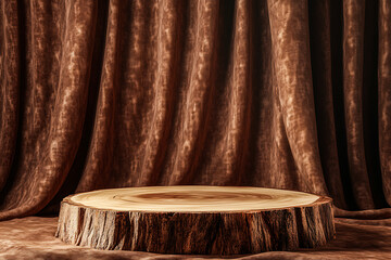 Wall Mural - he product showcase features a wooden podium, rustic tree slice platform, warm brown tones, dramatic