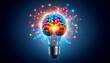 © Ojas - A glowing light bulb with brain as filament symbolizes creativity, innovative ideas and the invention of technology and intelligence, representing the knowledge of human thought and Power of invention