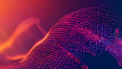 Fototapete - Dynamic digital waves in vibrant orange and purple hues, formed by dots and lines, creating a futuristic and tech-inspired abstract scene.