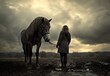 © TigerDude - Photo of a woman in a raincoat leading a horse on a farm, with a cloudy sky and evening lighting. The shot is taken from a low angle with a wide-angle lens, resulting in a soft,