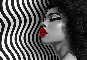 Wall Mural - Striking Portrait of a Model with Bold Red Lips and Dramatic Makeup Against a Black and White Wavy Background for Fashion and Beauty Projects