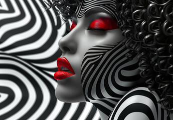 Wall Mural - Abstract Art Portrait of a Woman with Bold Red Lips and Curly Hair Against a Black and White Striped Background Creating a Captivating Visual Experience