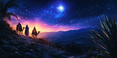 the mysterious night landscape of the desert. a bright star in the sky illuminates the path of the t
