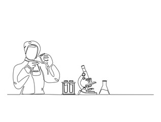 Leinwandbilder - Continuous one line drawing of scientist holds flashk in labs with microscope and laboratory equipment . Editable vector.